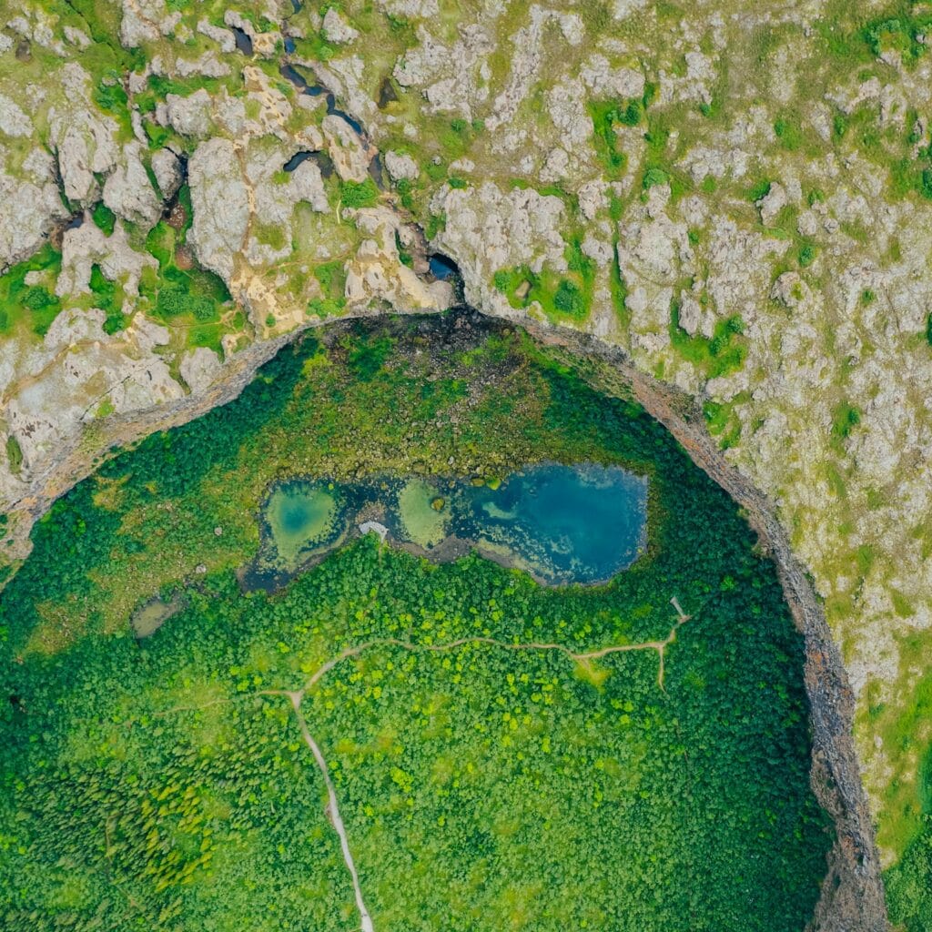 an aerial view of a large body of water
