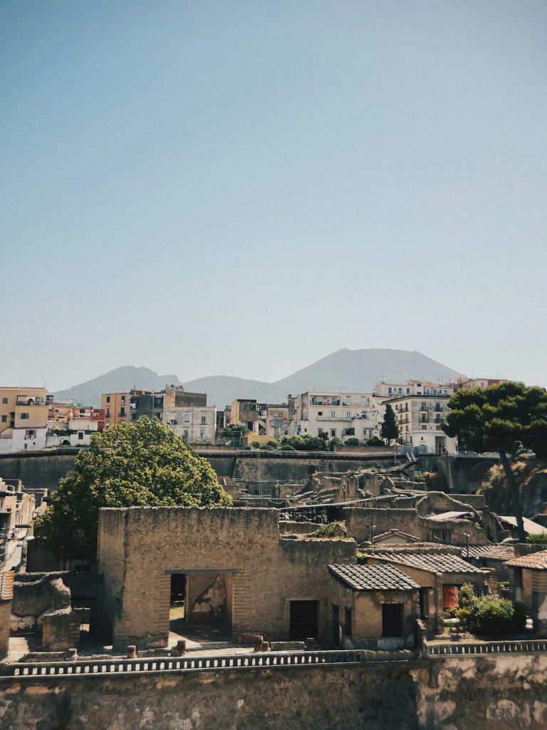 a city with a mountain in the background