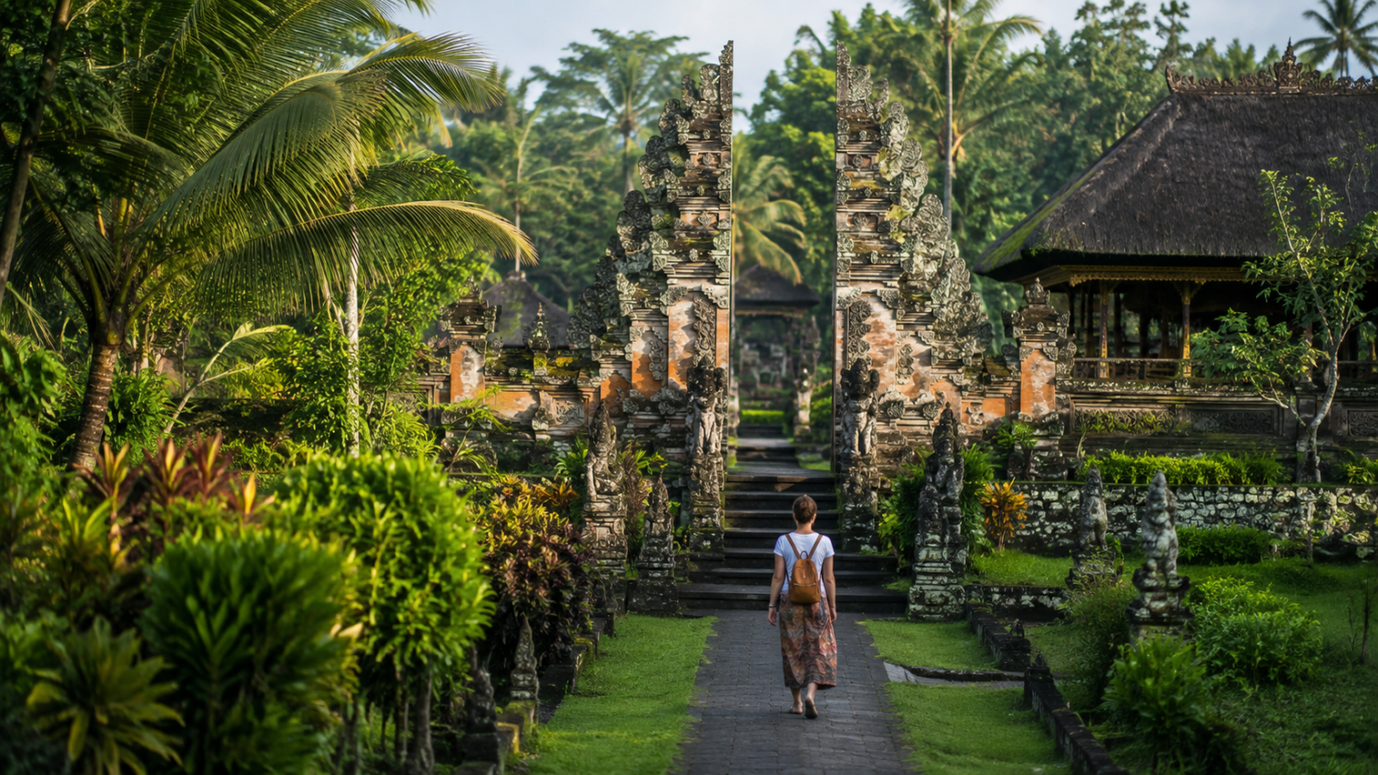 Tradycyjna balijska świątynia otoczona tropikalną roślinnością w Ubud na Bali.